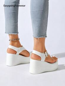 Women's Toe-Loop Single Strap Wedge Sandals, Fashionable Metal Buckle, Suitable For Outdoor Wear, Shopping, Commuting And Dating - White - View 9