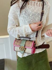 2026 New Retro Color-Blocking Floral Print Handbag, Luxury Lightweight Shoulder Crossbody Bag For Women - Hot Pink - View 5