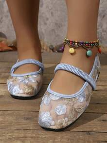 Women's Fashion Flat Mary Jane Shoes, Breathable Hollow Mesh Summer Square Toe, Floral Pattern Embroidery Design, Comfortable For Travel, Vacation And Mother's Day - Baby Blue - View 4