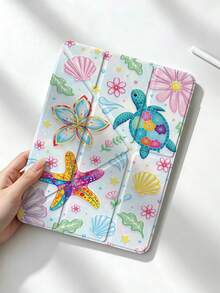 1pc Colorful Turtle Starfish Shell Flower Acrylic Y-Fold Protective Case, Magnetic Closure With Pen Slot, Auto Sleep/Wake Support, Compatible With IPad 5/6/7/8/Air 3/4/5/6/7/8/Pro 11/10th/11th/Mini 6/7 Shockproof Tablet Shell - Multicolor - View 4
