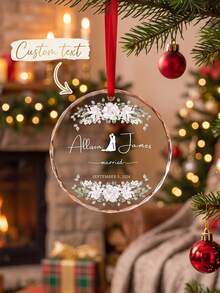 1pc Custom Text Wedding Souvenir Glass Ornament,Personalized Bride Groom Names Marriage Date Glass Hanging Pendant,Floral Pattern Christmas Tree Decoration Romantic Wedding Anniversary Gift - Multicolor - View 1