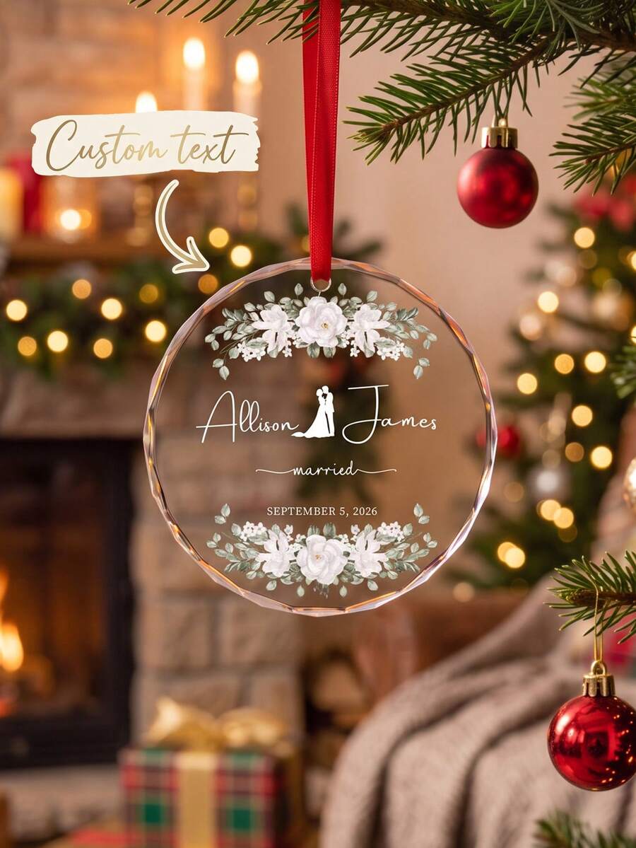 1pc Custom Text Wedding Souvenir Glass Ornament,Personalized Bride Groom Names Marriage Date Glass Hanging Pendant,Floral Pattern Christmas Tree Decoration Romantic Wedding Anniversary Gift - Multicolor - View 1