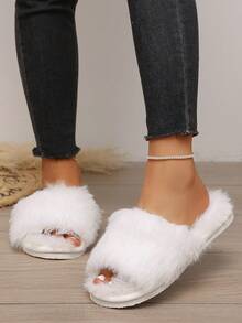 Soft Plush Open Toe Slip-On Slippers For Women, Warm Fuzzy Indoor House Shoes, Comfortable Slip-On Home Slippers - White - View 5