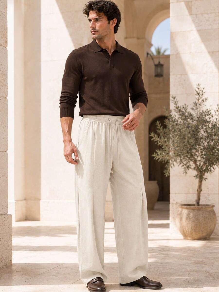 Men's Autumn Straight Leg Trousers With Drawstring Casual Cargo Pants Versatile Office Daily Elastic Waist Men Clothes Daily Street Sports - Apricot - View 1
