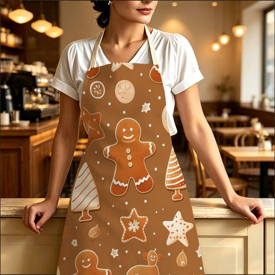 1pc Christmas Vintage Gingerbread Man Dessert Print Apron - Sleeveless Halter Neck Design, Durable And Comfortable Fit, Featuring Gingerbread Man With Frosting Stars And Striped Christmas Tree Pattern, Suitable For Cooking, Baking And Home Cleaning, Household Cleaning, Housework Apron, Hand-Painted Handmade Baking Apron, Fun Holiday Gift - Multicolor - View 1
