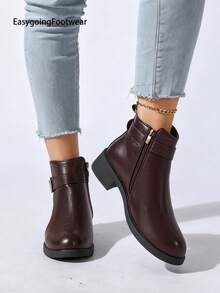 Women's British Style Round Toe Ankle Boots, Metal Buckle Side Zipper, Breathable Lining, Chunky Heel Comfortable, Versatile For Multiple Occasions - Coffee Brown - View 5