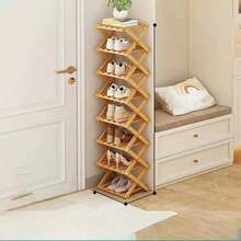 1pc Foldable Freestanding Narrow Bamboo Shoe Rack, Portable Space-Saving Shoe Tower, No Assembly Required, Suitable For Entryway, Hallway, Bedroom, Living Room Corner And Small Spaces - Ginger - View 12