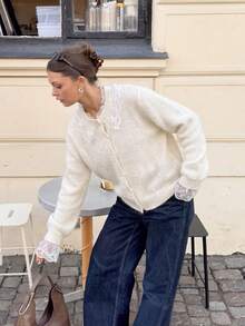 Women's Lace Collar Knit Cardigan, Round Neck Front Button Sweater Jacket, Suitable For Thanksgiving And Christmas Outfits - White - View 5