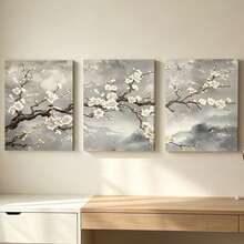 3件組中國梅花帆布壁畫－無框奢華中式花卉油畫，適合客廳、臥室與走廊裝飾－優雅家居藝術，牆面裝飾，房間裝飾，帆布壁畫海報 - 彩色 - 查看 1