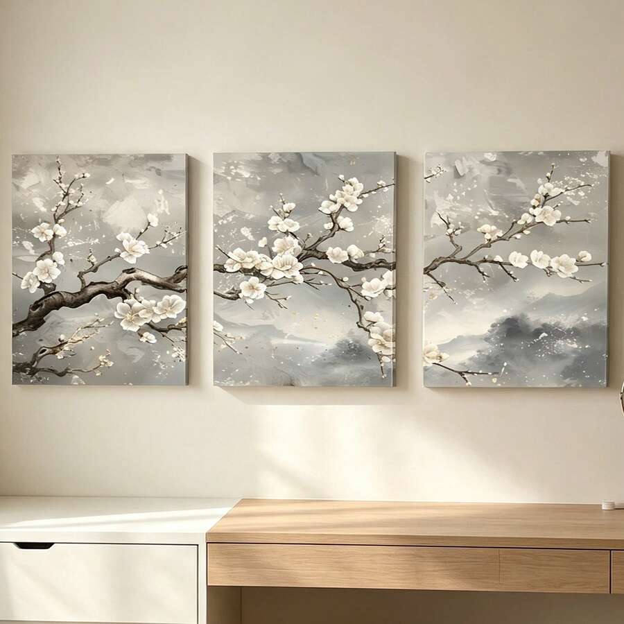 3件組中國梅花帆布壁畫－無框奢華中式花卉油畫，適合客廳、臥室與走廊裝飾－優雅家居藝術，牆面裝飾，房間裝飾，帆布壁畫海報 - 彩色 - 查看 1
