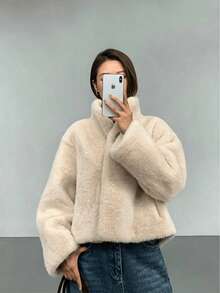 女款奢華黑色人造毛皮大衣標準版型長袖立領夾克 - 淺卡其色 - 查看 8