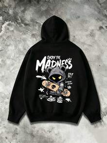 Plus Size Men's Casual Fashion Street Extreme Sports Cartoon Print Kangaroo Pocket Drawstring Loose Hoodie - Black - View 2