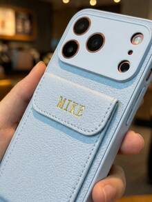 Customized Name Gold Foil Initial Lychee Texture PU Leather Wallet Phone Case, Compatible With IPhone 13 14 15 16 17 18 Pro Max Plus Air, Card Slot, Full Camera Protection, Anti-Scratch Anti-Shock Protective Shell, Fashion Commute Office Travel Accessory, Unisex Personalized Gift - Baby Blue - View 5