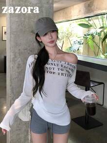 女款防曬透明罩衫長袖T恤，白色不對稱領口上衣，性感風格 - 白色 - 查看 1