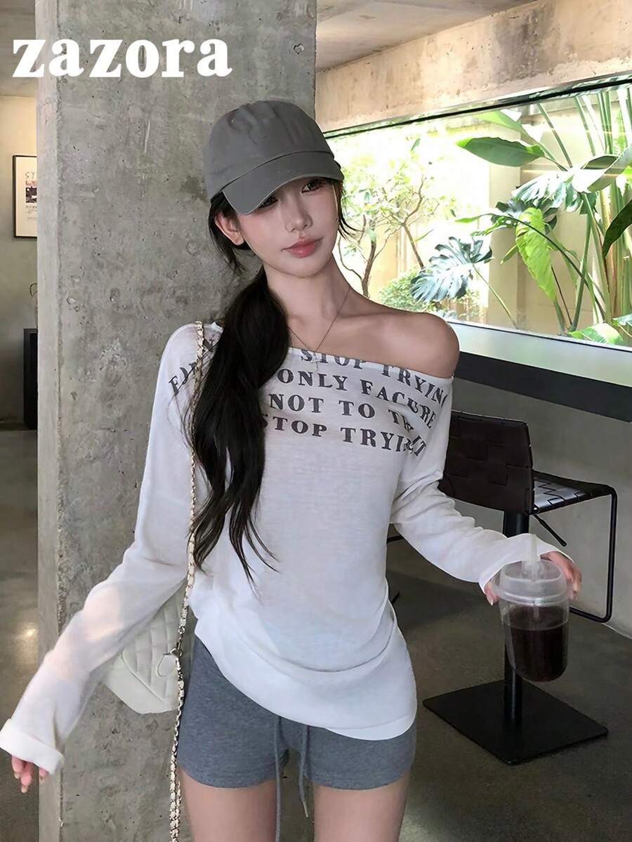 女款防曬透明罩衫長袖T恤，白色不對稱領口上衣，性感風格 - 白色 - 查看 1