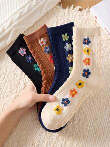 4 Pairs Elegant 3D Floral Pattern Women's Mid-Calf Socks, Non-Slip Soft Comfortable, Suitable For Autumn/Winter - Multicolor - View 2