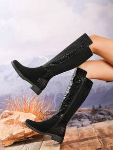 女款時尚粗跟拼接黑色膝高靴 側拉鍊百搭長靴 秋冬女靴 圓頭長靴 休閒度假派對節日通勤舒適冬季女靴 女款騎馬靴 - 黑色 - 查看 4