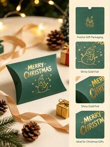 12PCS/Christmas Pillow Gift Boxes, Gold Foil Hot Stamping Xmas Treat Candy Boxes, 4.53*2.76 Inch Green Paper Favor Boxes, 6 Assorted Christmas Patterns For Party Small Gift Cookie Packaging - View 5