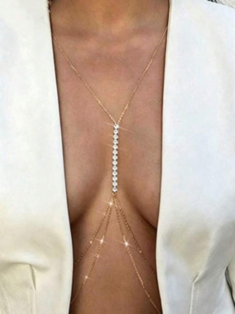 1 buah Baju Renang Bikini Seksi Modis Berhiaskan Berlian Imitasi dan Rantai Pinggang, Cocok untuk Pesta, Liburan Pantai, Hadiah Liburan - Emas - View 1