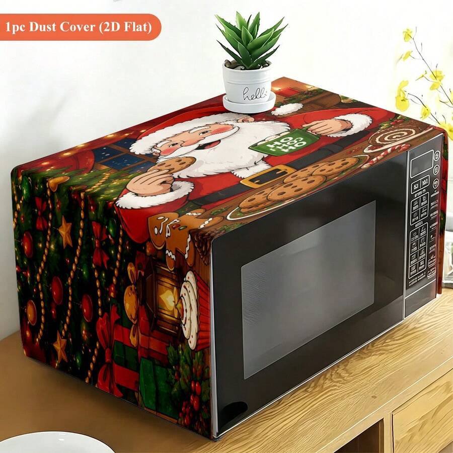 1pc, Santa Claus And Holiday Scene, Printed Decorative Microwave Cover, Suitable For Microwave Dust Cover, Oven Decorative Cover Cloth, Kitchen Decoration And Appliance Appearance Decoration, Kitchen Appliance Dust-Proof Beautiful Cover