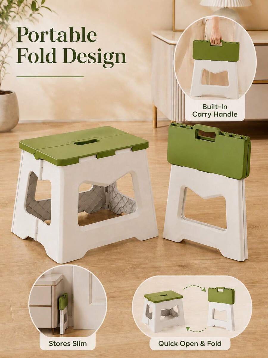Taburete cuadrado de plástico duro minimalista moderno, multicolor de doble tono con asa, taburete plegable portátil, adecuado para entrada, cocina, espacios interiores, picnic al aire libre, camping, taburete para el hogar de todas las estaciones