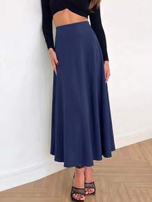 Vela Rue Solid Color A-Line Skirt, Woven Draping Navy Blue Skirt, Casual Elegant For Work, Date, All Seasons - Navy Blue - View 3