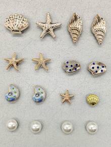 16pcs Gold Ocean Starfish Shell Resin Shoe Charms Shiny Rhinestone Scallop Shell Clogs Buckle DIY Decoration Faux Pearl Shoe Clips Accessories - Multicolor 16PCS Style No.267 - View 13