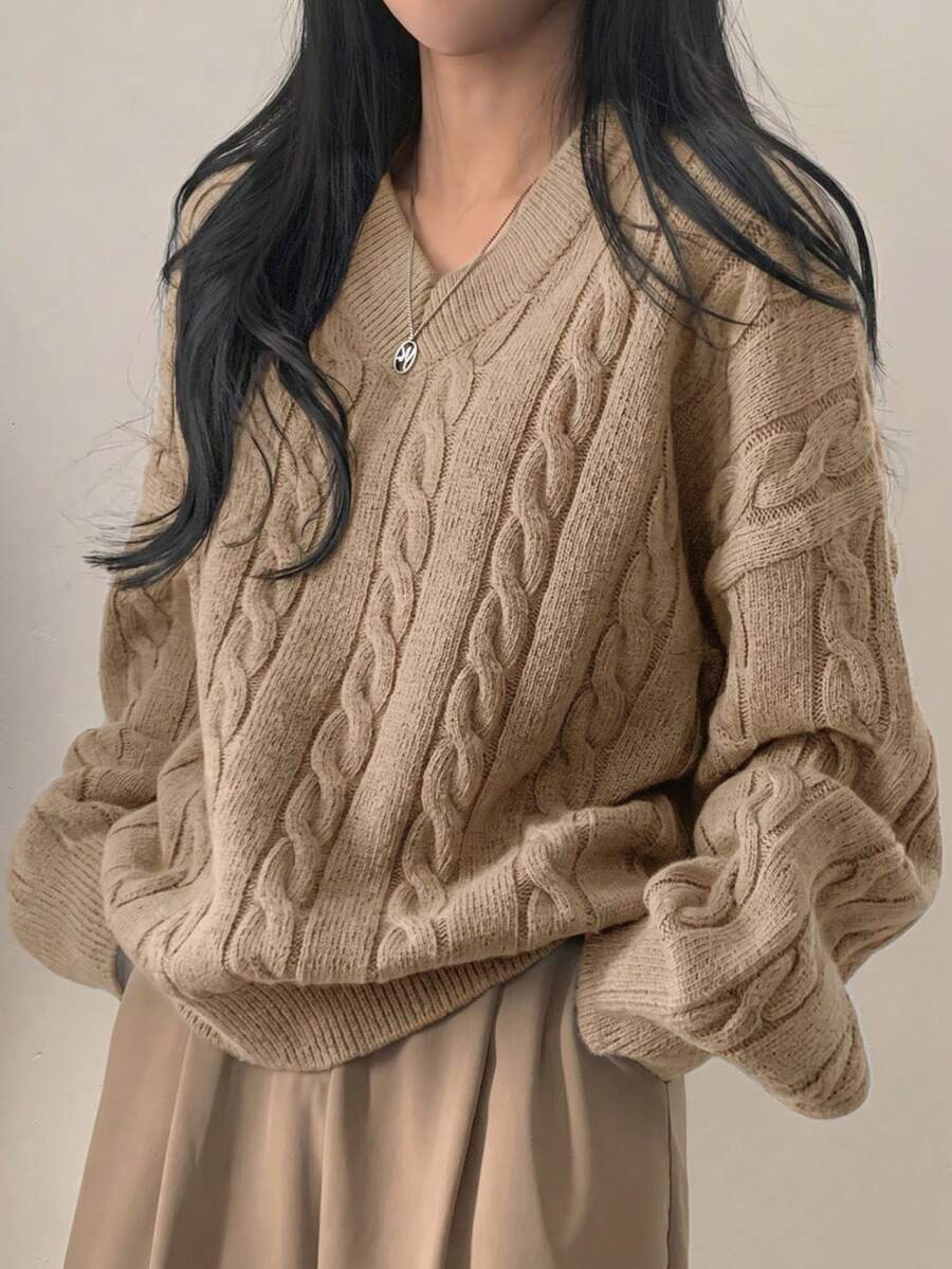 EAVA 女款極簡 V 領寬鬆休閒針織上衣,靜奢風,情人節 - 卡其色 - 查看 1