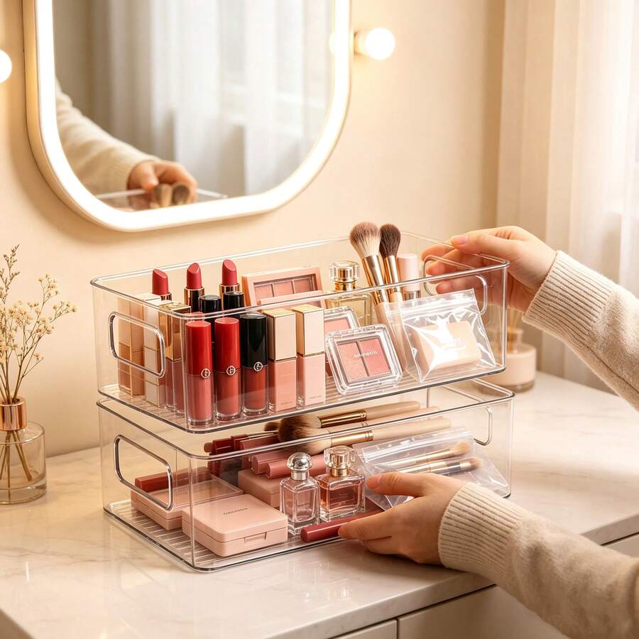 1/2/3pcs Grafted Eyelash Storage Box, Desktop Multi‑Functional Transparent Visible Display Organizer Box, Jewelry & Cosmetic Storage, Makeup Brush Holder, Perfume Storage Case, Ideal Women Gift, Christmas Holiday Present