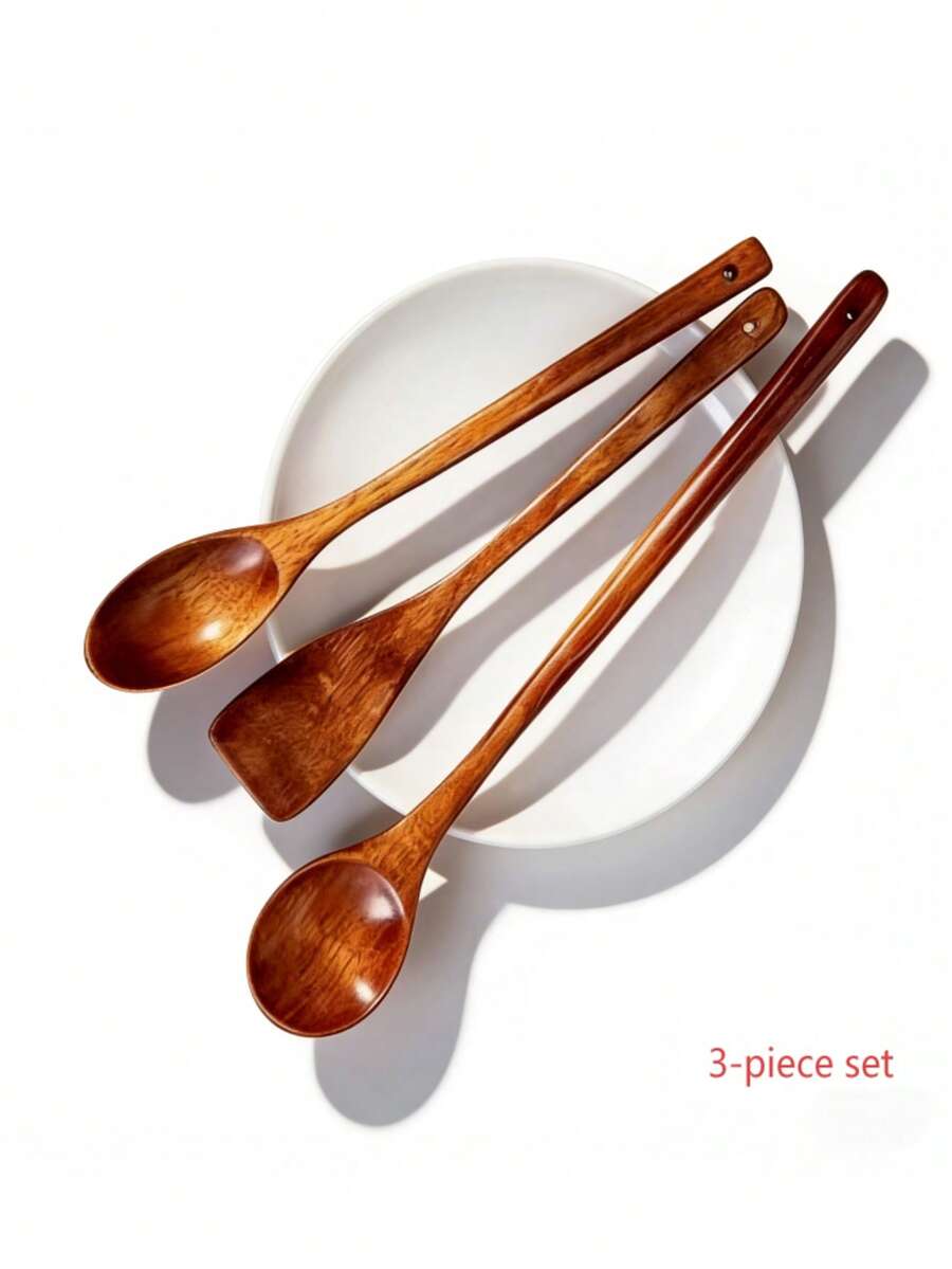 3pcs Long Handle Spatula Set, Long Handle Stir-Fry Spatula, Small Wooden Spoon Non-Stick Wooden Spatula, Soup Ladle, Durable Stirring Spoon, Heat-Resistant Cooking Spatula And Spoon Kitchen Utensil Set, New Home Decoration Gift