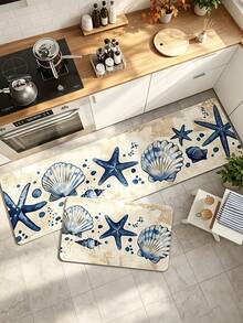 1 pieza, Alfombra de decoración de cocina con estrella de mar, Alfombra de primavera con elementos oceánicos, Alfombra de estrella de mar oceánica, Alfombra de concha y estrella de mar, Alfombra rectangular de estilo mediterráneo con diseño floral de limón | Diseño de borde de azulejos azul y blanco, Alfombra de dormitorio, Alfombra de entrada, Alfombra de cocina, Alfombra de baño, Alfombra de sala de juegos, Alfombra de estudio; Resistente a manchas, Base antideslizante, Alfombra de cocina, Tapete de cocina, Alfombra de área - Azul y blanco - Ver 2