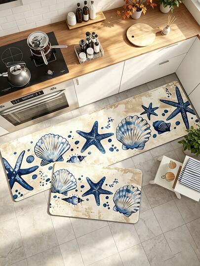 1pc Starfish Design Kitchen Floor Mat, Seashell & Starfish Carpet, Bedroom/Entrance/Kitchen/Bathroom/Gaming Room/Study Area Rug, Anti-Dirty, Non-Slip Bottom