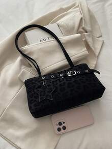 1pc Black Leopard Print PU Women's Shoulder Bag With Strap Decor - Black - View 4