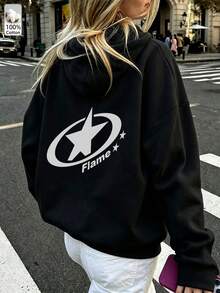 Oversized Women's Sweatshirt For Autumn And Winter, Long-Sleeve Hoodie With Pockets, Casual Top, Y2k Style, Daily Letter Slogan Graphic, Black Unisex - Black - View 3