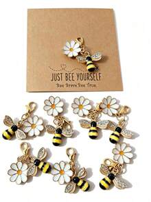 10pcs Mini Bee & Sunflower Pendant With Printed Card, Suitable For Wallet, Phone Keychain, Perfect Gift For Various Occasions - Multicolor - View 5