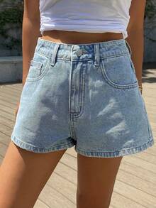 Teen Girl Washed Denim Shorts, Simple Versatile Design With Elastic Waistband, Suitable For Daily Wear Or School - Light Wash - View 4