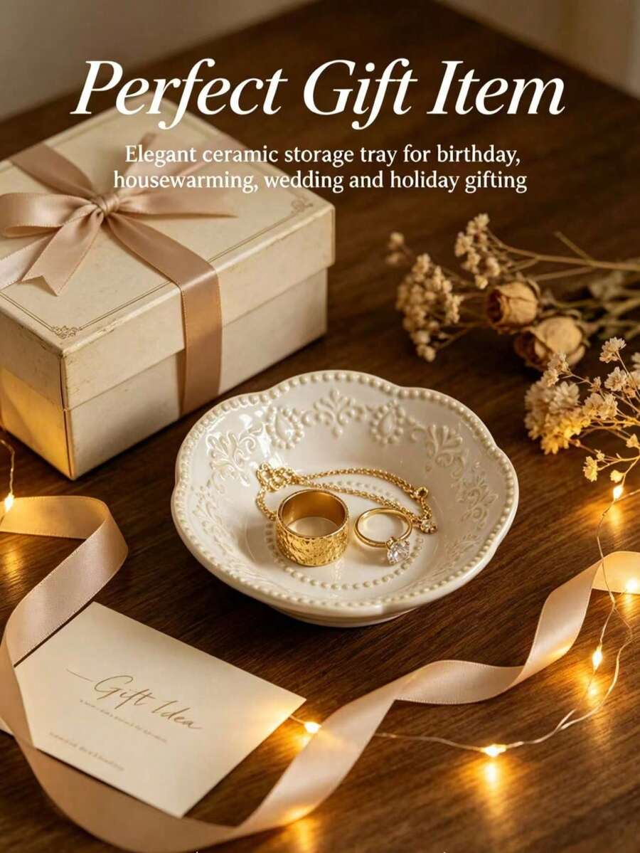 1pc Vintage Embossed Jewelry Storage Decorative Tray, 4.25 Inch, European Retro Distressed Ceramic Dish, Vanity Ring & Earring Storage Display Plate, Home Interior Decor, Daily Use & Gift Item - Multi-color 11 - View 1