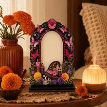Halloween Wooden Photo Frame Desktop Decor, Mexican Marigold Butterfly Skull Decorative Display, Halloween Memorial Photo Frame For Family And Pets, Home Study Bedroom Memorial Decorative Craft - A - View 10