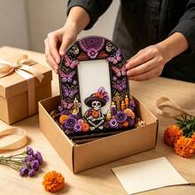 Halloween Wooden Photo Frame Desktop Decor, Mexican Marigold Butterfly Skull Decorative Display, Halloween Memorial Photo Frame For Family And Pets, Home Study Bedroom Memorial Decorative Craft - A - View 8