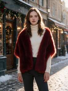 1pc Women's Faux Fox Fur Shawl, Simple Elegant Vest For Wedding, Holiday, Formal Dress, Women's Gift - Burgundy - View 3