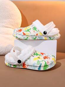 1 Pair Boys Thermal Lined Warm Casual Indoor Dinosaur Print Clogs Suitable For Winter - White - View 2