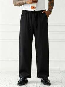 Men's High Street Style Double Waistband Casual Pants, Adjustable Elastic Waist Without Tightness, Side Slant Pockets, Suitable For Daily Commute And Gatherings, Atmospheric Must-Have Pants - Black - View 5