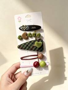 5pcs Vintage Coffee Tone Flocked Heart Plaid Hair Clips, Versatile Side Bang Hair Clips For Women, Autumn/Winter Style - Multicolor - View 8