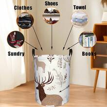 2 Pcs Deer Botanical Leaf Print Large Capacity Laundry Basket Storage Hamper Foldable Dirty Clothes Organizer With Handles Bedroom Bathroom Home Decor Collapsible - Multicolor - View 3