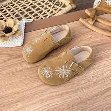 Girls' Vintage Embroidered Flat Shoes, Soft Sole Hook And Loop Casual Leather Shoes - Camel - View 2