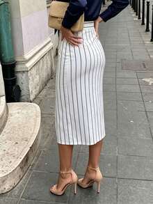 Office To Date | High-Waisted Striped Wrap Midi Skirt With Slit, Stretchy & Flattering - White - View 5
