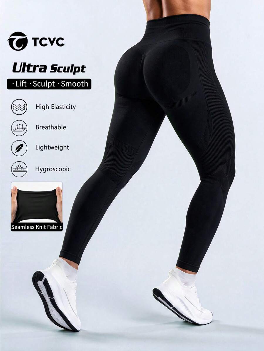 TCVC Women Solid Color High Waist Tights, High Elasticity Sports Leggings, Body Shaping, High Waist Abdomen Control Fall Black - Black - View 1
