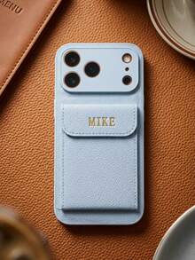 Customized Name Gold Foil Initial Lychee Texture PU Leather Wallet Phone Case, Compatible With IPhone 13 14 15 16 17 18 Pro Max Plus Air, Card Slot, Full Camera Protection, Anti-Scratch Anti-Shock Protective Shell, Fashion Commute Office Travel Accessory, Unisex Personalized Gift - Baby Blue - View 4