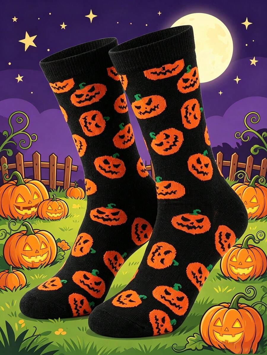 1 par de calcetines de media caña para hombre con estampado de calabaza de Halloween, color negro & naranja, suaves & transpirables, patrón espeluznante de Jack-O'-Lantern, adecuados para Halloween y uso diario - Multicolor - Ver 1
