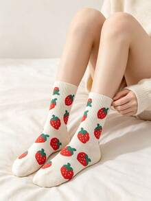 5 Pairs Pink Girl Mid-Calf Socks, Strawberry & Heart Print Cotton Socks, Japanese Sweet Versatile Women's Socks - Multicolor - View 3
